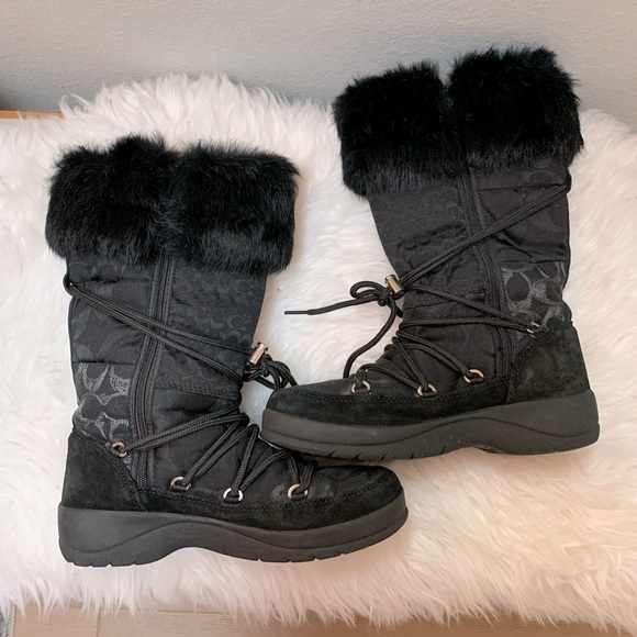 *Vintage* Coach Womens Black Winter Snow Boots with Patchwork Print, Fur, Suede - Picture 9 of 13